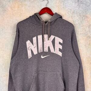 Y2K Nike Logo Hoodie Sweatshirt Sz L Gray Spell Out Pullover Sportswear Swoosh